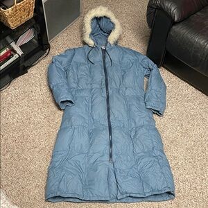 Vintage 70s sherling trimmed down feather filled Blue Hooded Puffer Coat